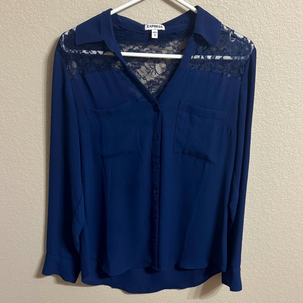 Express Women's Navy Lace Accent Blouse
